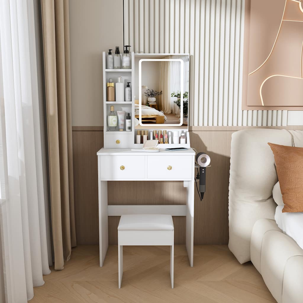 Modern Vanity Desk with 3 LED Lighting Modes, 3 Drawers, Open Shelves, Hair Dryer Holder, Power Socket and Dressing Chair
