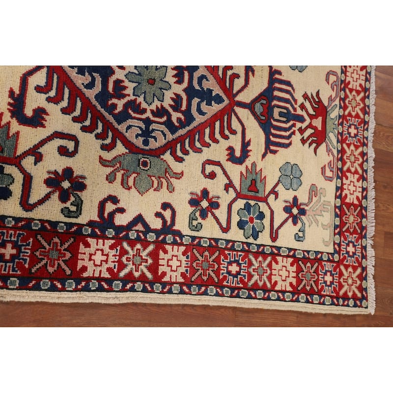 Geometric Kazak Accent Rug Hand-Knotted Foyer Wool Carpet - 3'5" x 4'10"
