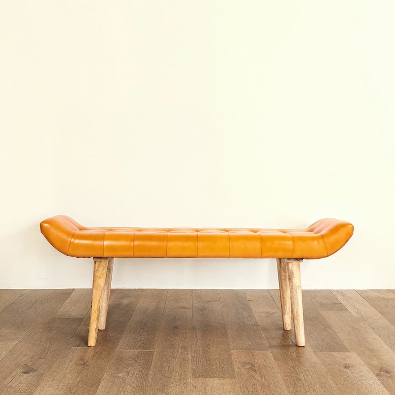 Wood and Goat Leather Bench