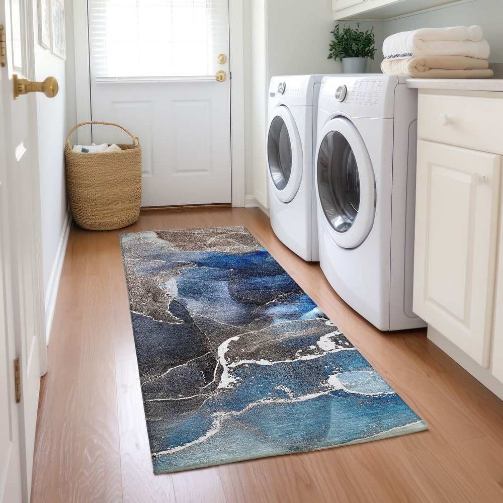 Machine Washable Indoor/ Outdoor Chantille Abstract Navy Rug