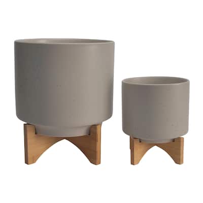 Ceramic Set of 2 8, 10" Planter with Wood Stand, Matte Beige 12.0"H - 10.0" x 10.0" x 12.0"
