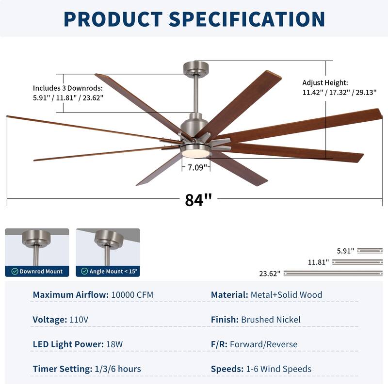 84" Oversized Large Black Walnut Solid Wood Ceiling Fan with Dimmable Led Light 8 Blades Remote Control Reversible DC Motor