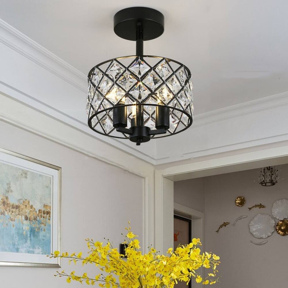 3 Light Modern Black Crystal Semi Flush Mount Ceiling Light - 11.81''