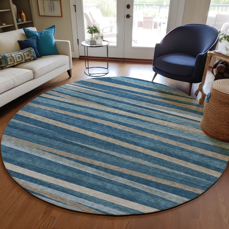 Machine Washable Indoor/ Outdoor Modern Stripes Chantille Rug - Denim - 8' x 8'