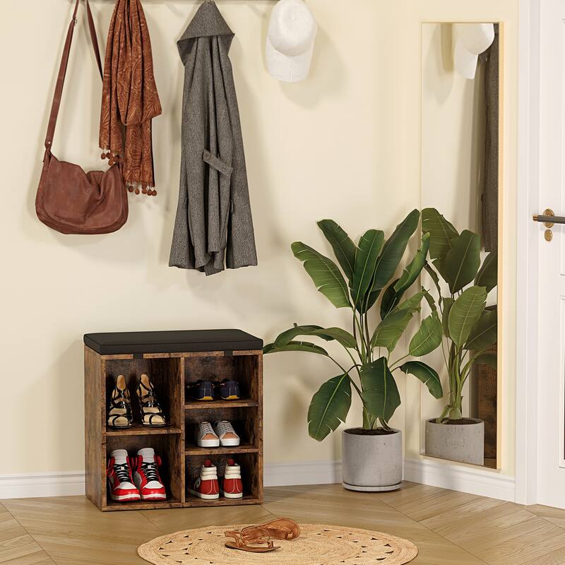Compact Shoe Bench with Adjustable Heights,Cushioned 3-Tier Shoe Rack Organizer with 5 Compartments