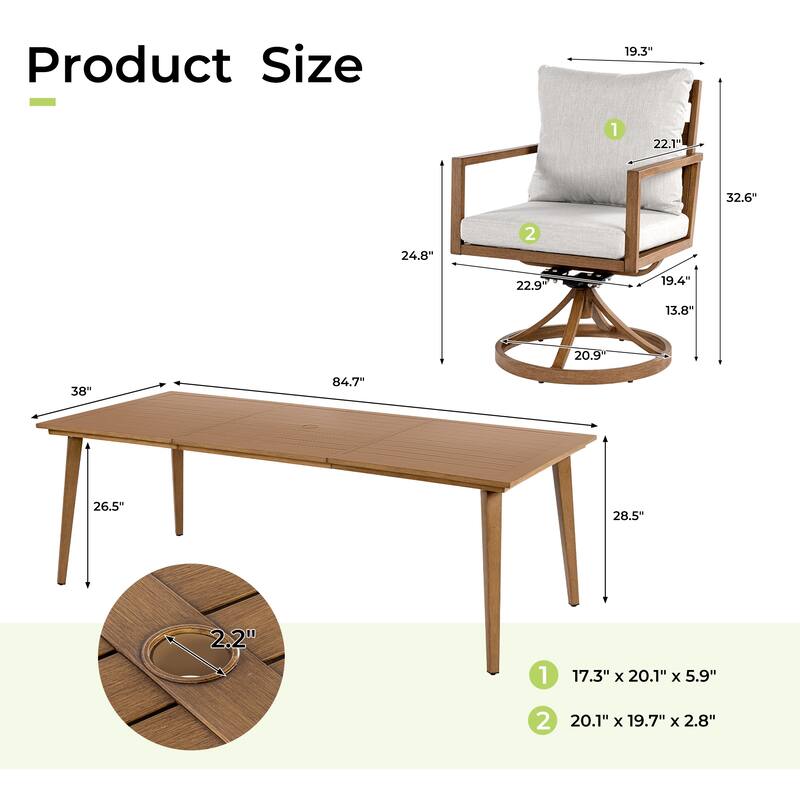 Riviera 9-Piece Brown Aluminum Patio Dining Set with Rectangular Table, 8 Swivel Dining Chairs and Light Gray Cushions