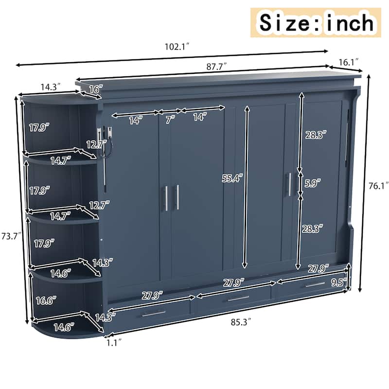 Murphy Platform Bed with Side Cabinets & Drawers, Wall Bed with Shelf for Home Office, Queen or Full