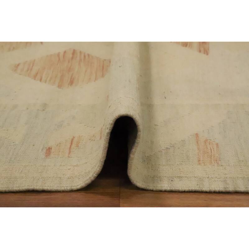 Hand Woven Oriental 100% Wool Carpet Southwestern Tribal Beige & Ivories Kilim Area Rug - 12' 9'' X 10' 0''