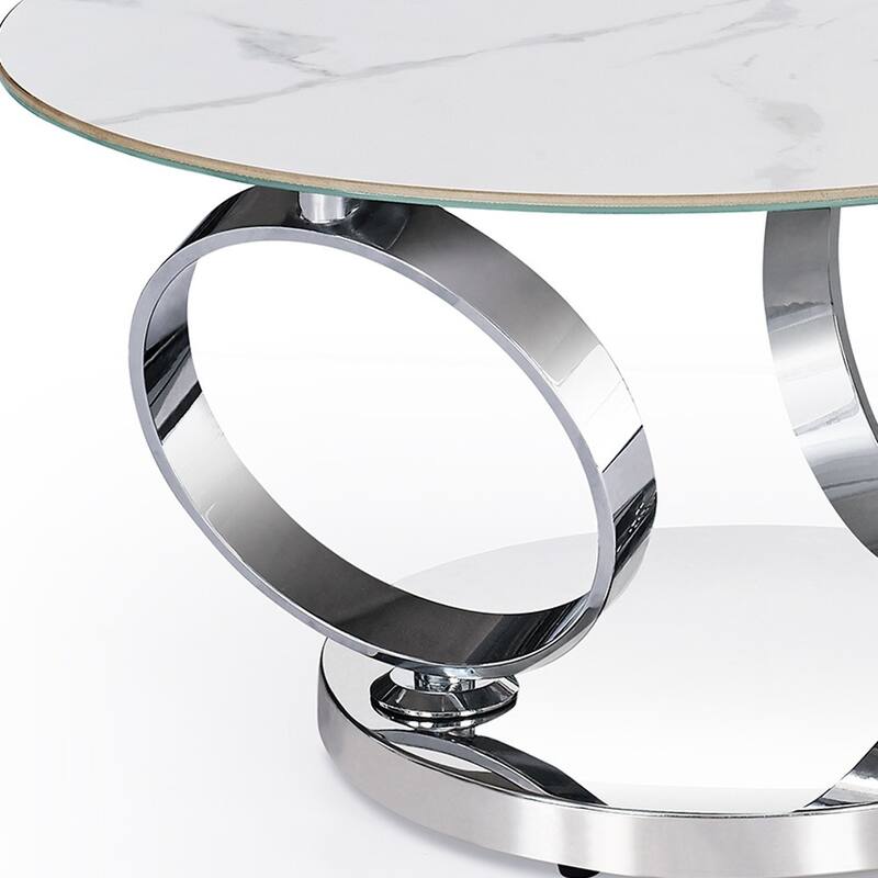 HomeRoots 32" White And Silver Ceramic Tile And Metal Round Abstract Coffee Table - 31.5' X '17' X '32