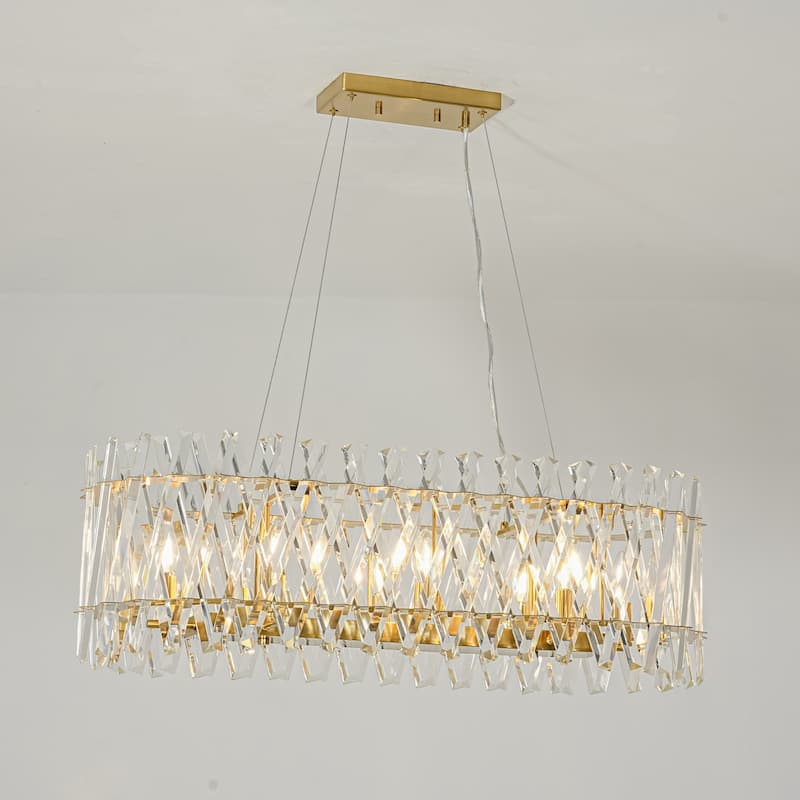 8-Light Brushed Gold Modern Luxury Iron & Cut Glass Chandelier Light with Adjustable Height for Living & Dining Rooms