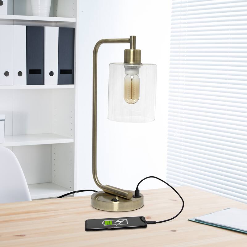Simple Designs 18.8" Iron Lantern Desk Table Lamp with USB Port, Antique Brass, With LED Bulb