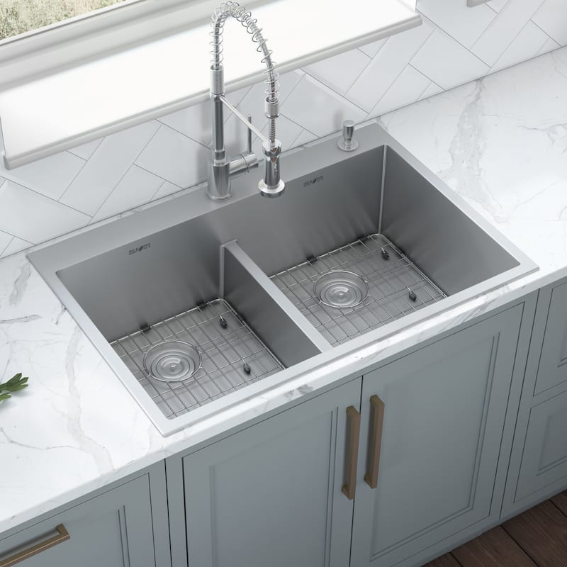 Ruvati 33 x 22 inch Drop-in 50/50 Double Bowl Tight Radius 16 Gauge Topmount Stainless Steel Kitchen Sink - RVH8051 - 8' x 11'