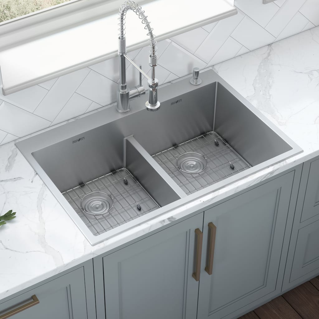 Ruvati 33 x 22 inch Drop-in 50/50 Double Bowl Tight Radius 16 Gauge Topmount Stainless Steel Kitchen Sink - RVH8051 - 8' x 11'