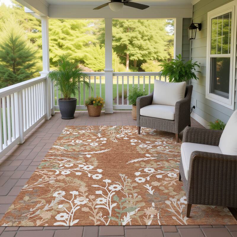 Machine Washable Indoor/ Outdoor Floral Border Chantille Rug