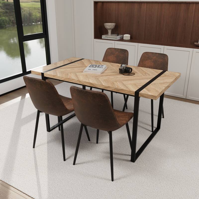 MDF light wood dining table and modern dining chair 4-piece set,medieval wooden kitchen dining table set, rectangular metal base