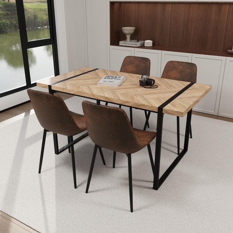 Modern 5-Piece Dining Set with Light Wood Rectangular Metal Base Table & 4 Square Corner Suede Chairs