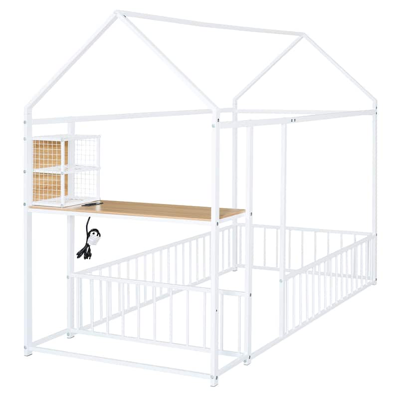 Twin Size Metal Bed House Bed Frame with Desk, Shelves, Power Outlets and USB Ports, White