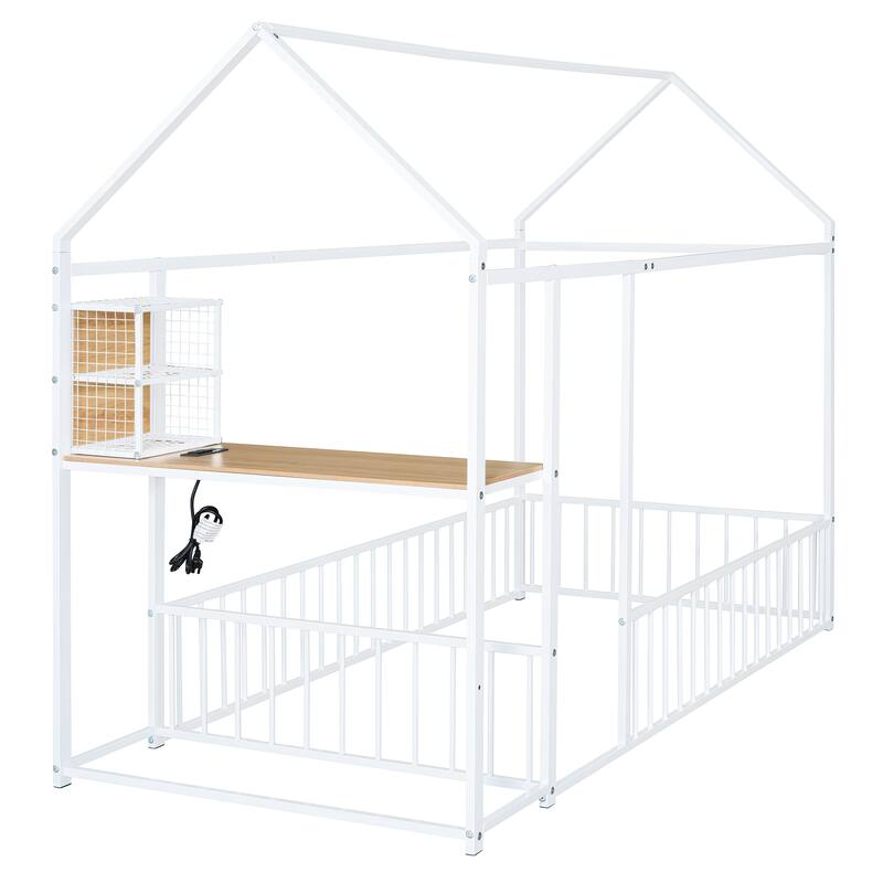 Twin Size Metal House Platform Bed Frame with Built-In Desk, USB Charging And Storage Shelves