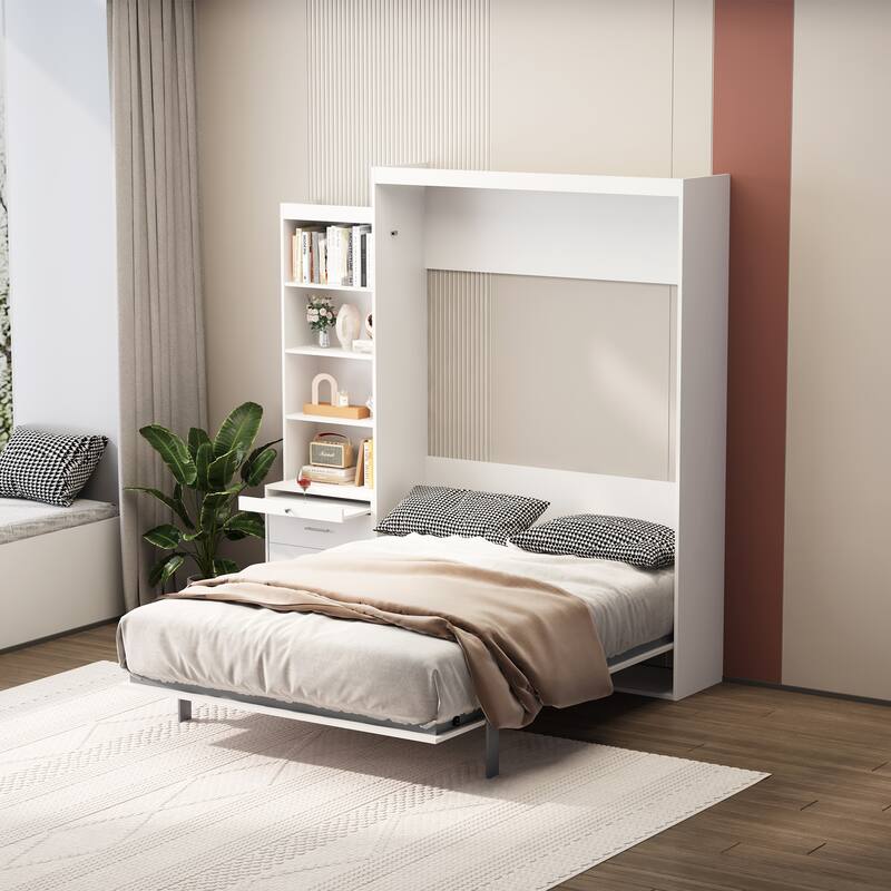 White Full Size Murphy Bed with Storage Shelves and Drawers - Vertical Wall Bed with Gas Struts - White