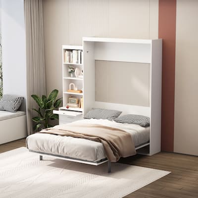 White Vertical Murphy Bed with Storage Shelves and Drawers - Full Size, Gas Struts Included