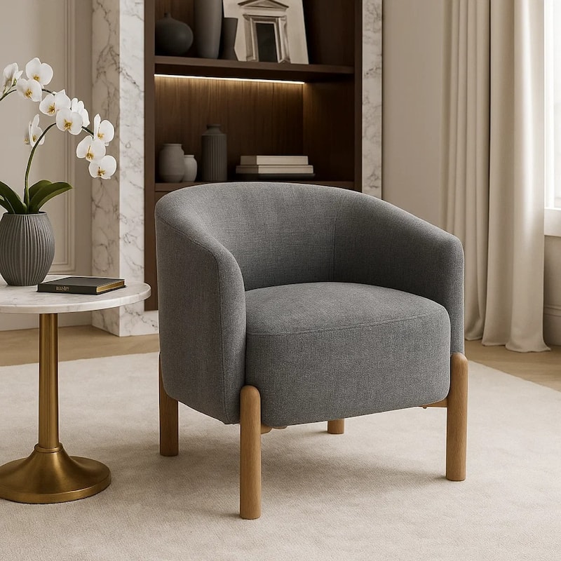 Diya Barrel Style Accent Chair, Gray Polyester, Light Brown Wood Legs