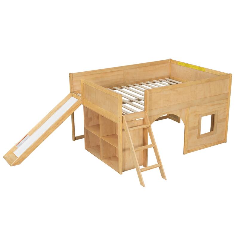 Roomfitters Full Low Loft Bed with Slide, Storage Shelves and Window Design