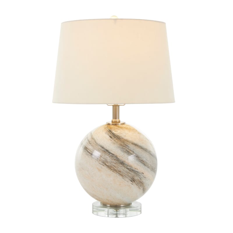 Beige Glass Round Accent Lamp with Marble Inspired Design and Gold Accents
