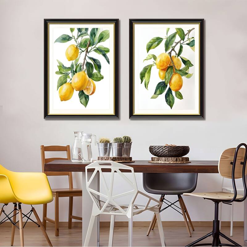 Set of 2 Lemon Botanical Canvas Wall Art - Interchangeable Prints with Solid Wood Frames, Fresh Fruit Artwork for Kitchen