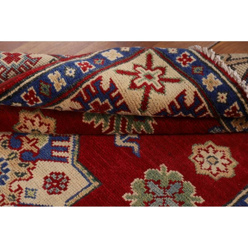 Red Geometric Kazak Oriental Foyer Rug Handmade Wool Carpet - 3'5" x 5'1"