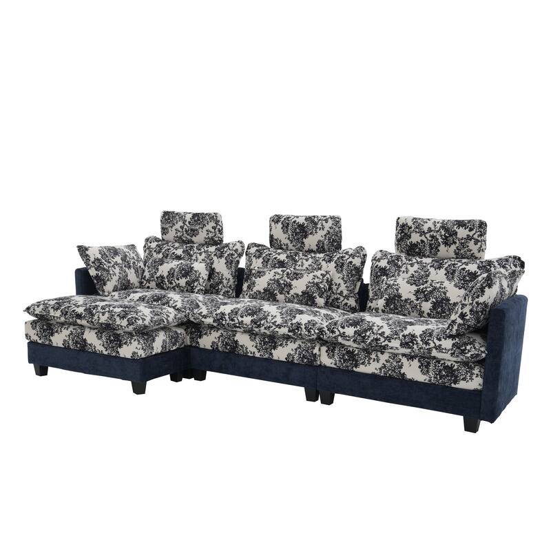 Blue Chenille Sectional Sofa with Floral Fabric, 4-Seater L-Shaped Couch with Adjustable Headrests, Pillows, and Chaise Lounge