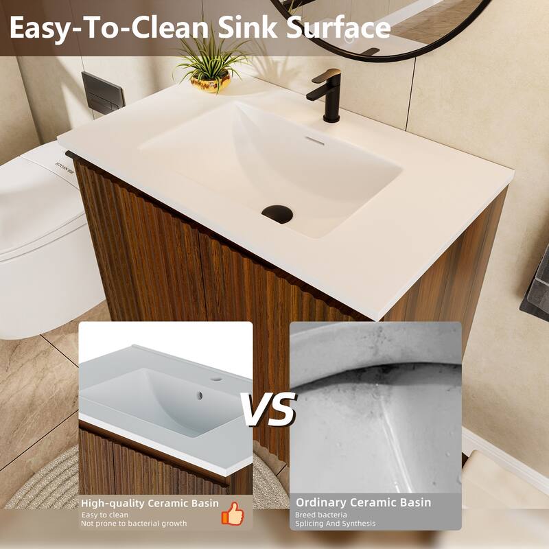 30 Inch Folding Wall Cabinet with Ceramic Sink, Patented 1-Minute Install, Space-Saving Modern Bathroom Cabinet