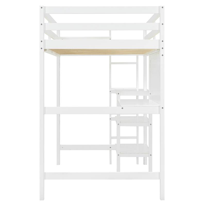 Twin Size Wooden Loft Bed with Built-In Desk, 3-Tier Shelves, Writing Board and Safety Guardrails, Space-Saving Design