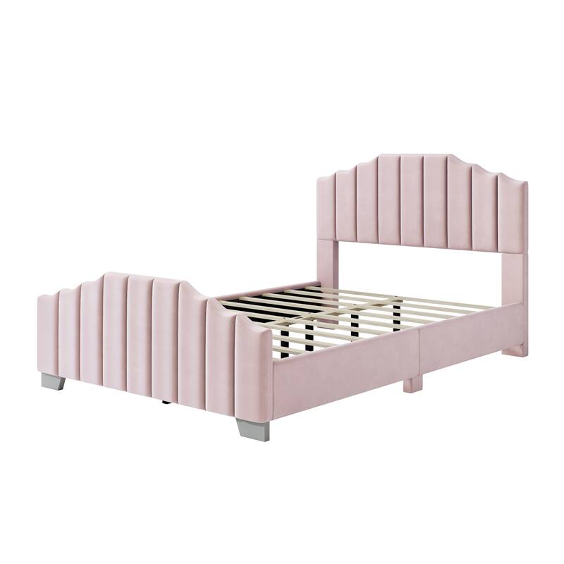 Velvet Upholstered Platform Bed Frame Vertical Channel Wingback Bed Tufted Headboard Footboard, Low Profile Panel Bed