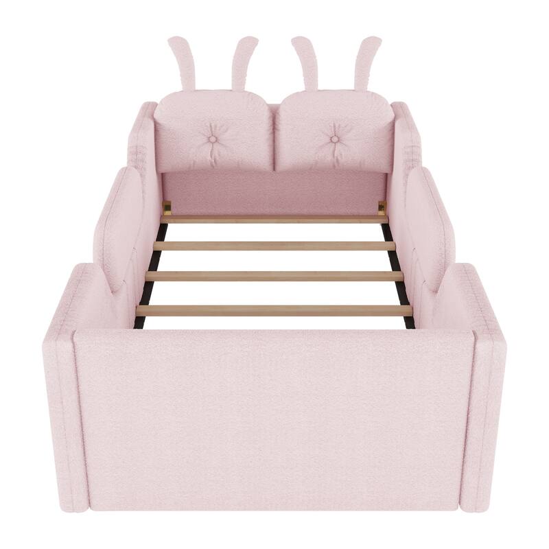 Twin Size Upholstered Platform Bed with Rabbit Cushion, Kids Floor Upholstered Bed with Removable Side Rails