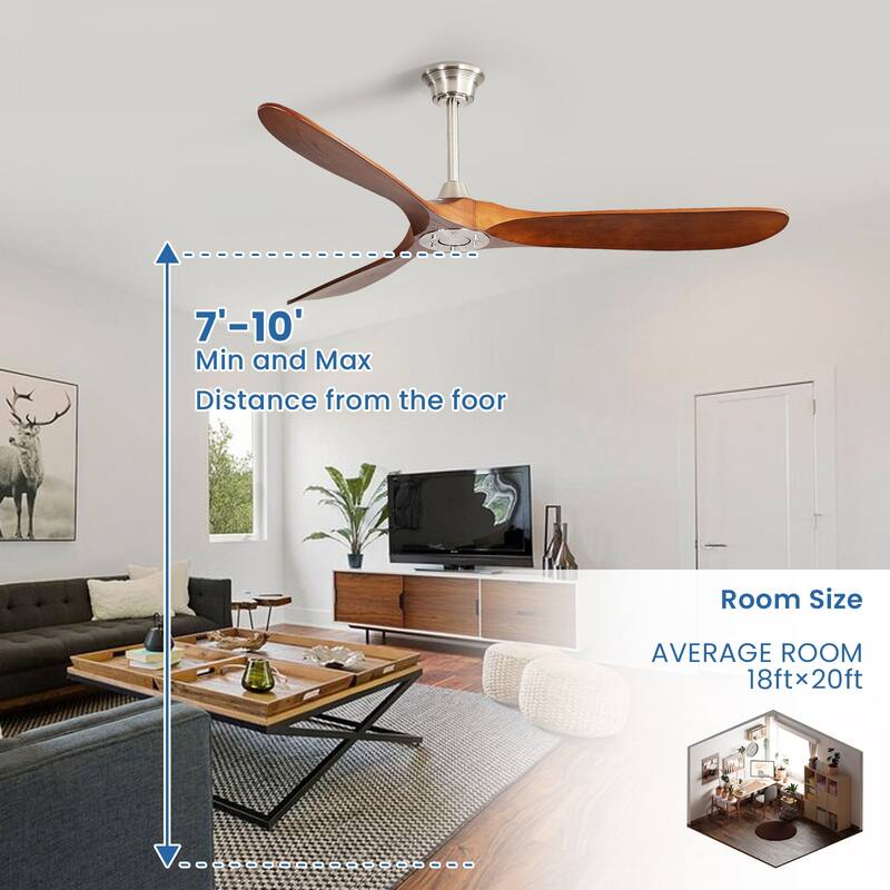 52''/60" Large Ceiling Fan without Lights, Remote Control and Reversible Motor Included, 3 Wood Blades