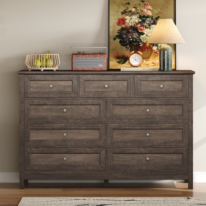 Wood Rustic Storage Dresser with 9 Drawers and Silver Handle, Brown - Brown