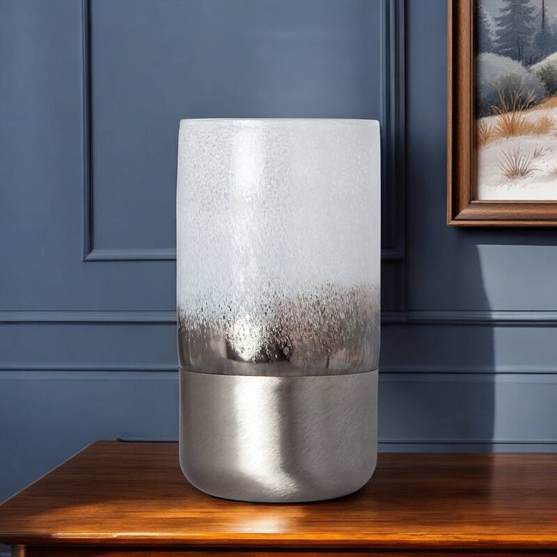 White Crystal Glass Cylinder Table Vase Abstract Pattern Indoor Decorative Accent