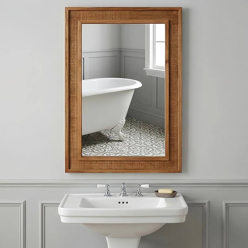 20"x30" Rattan Rectangle Solid Wood Frame Decorative Mirror,For Farmhouse,Bathroom,Home Decor,Entryway