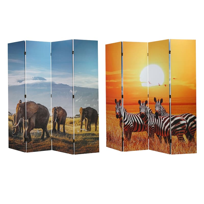 American Art Decor Double-Sided Canvas Room Divider, 4 Panels, 70" H x 63" L - Elephants & Zebras