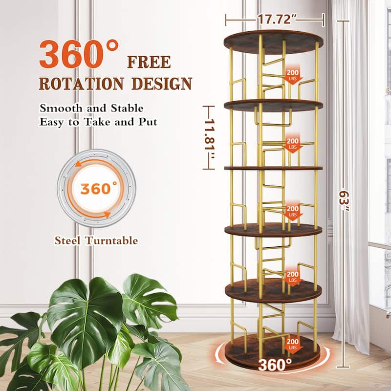 5 Tier Rotating Bookshelf (Gold) - 360° Display Round Spinning Bookshelf, Wood & Metal Stackable Spinning Bookshelf Tower.