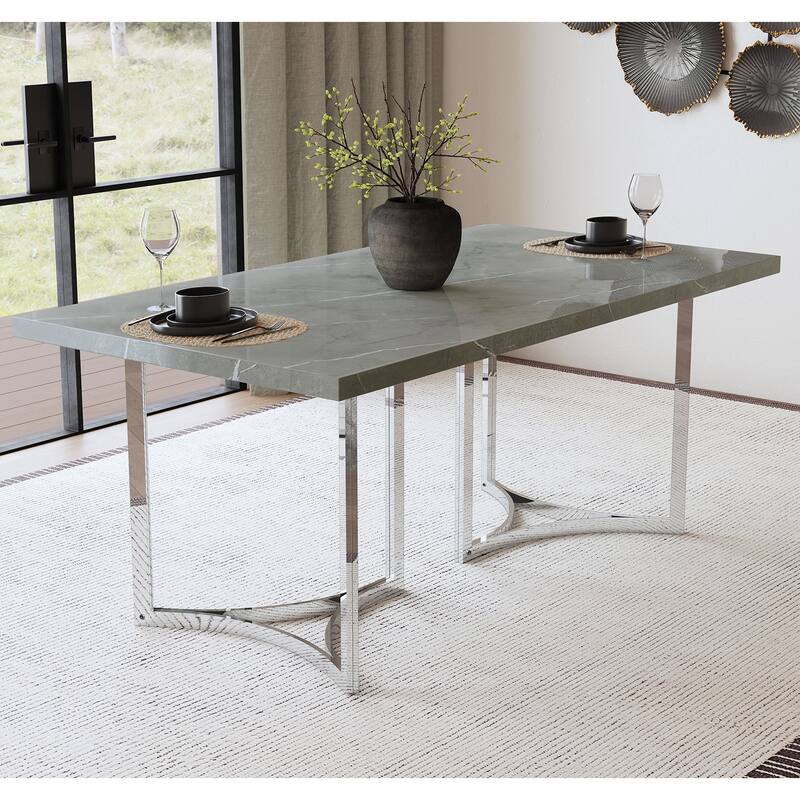 Rectangular Faux Marble Dining Table with Steel Base in Grey - Grey/Chrome