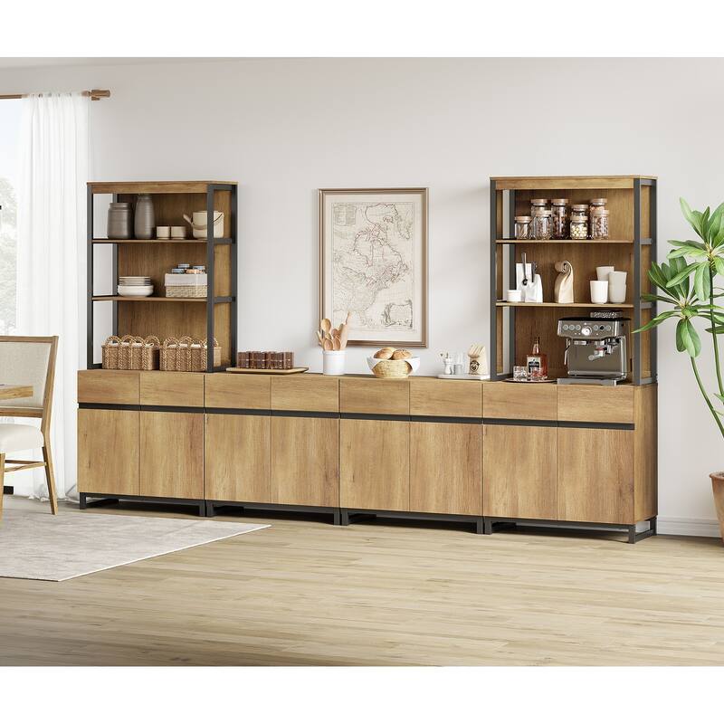 WAMPAT Modern TV Stand with 3 Tiers Bookshelf, Farmhouse Entertainment Center with 4 Large Storage Cabinets and Adjustable Shelf