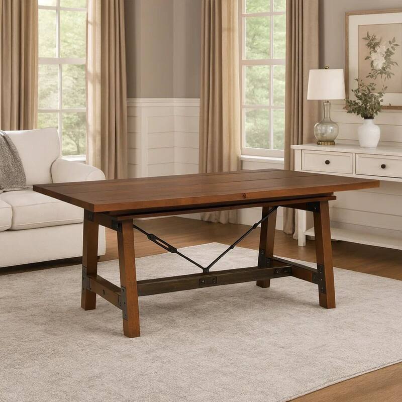 Wooden Dining Table with Extendable Leaf and Block Legs, Brown