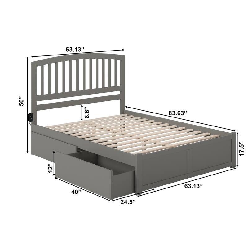 Richmond Queen Platform Bed with Footboard and 2 Drawers in Grey