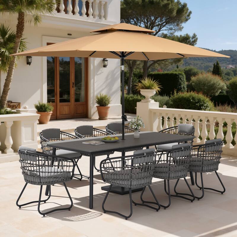 11PC Outdoor Patio Dining Set Aluminum Table with Rattan Chairs w/ Market Umbrella Sets - GreyTable&GreyChairs&TanUmbrella