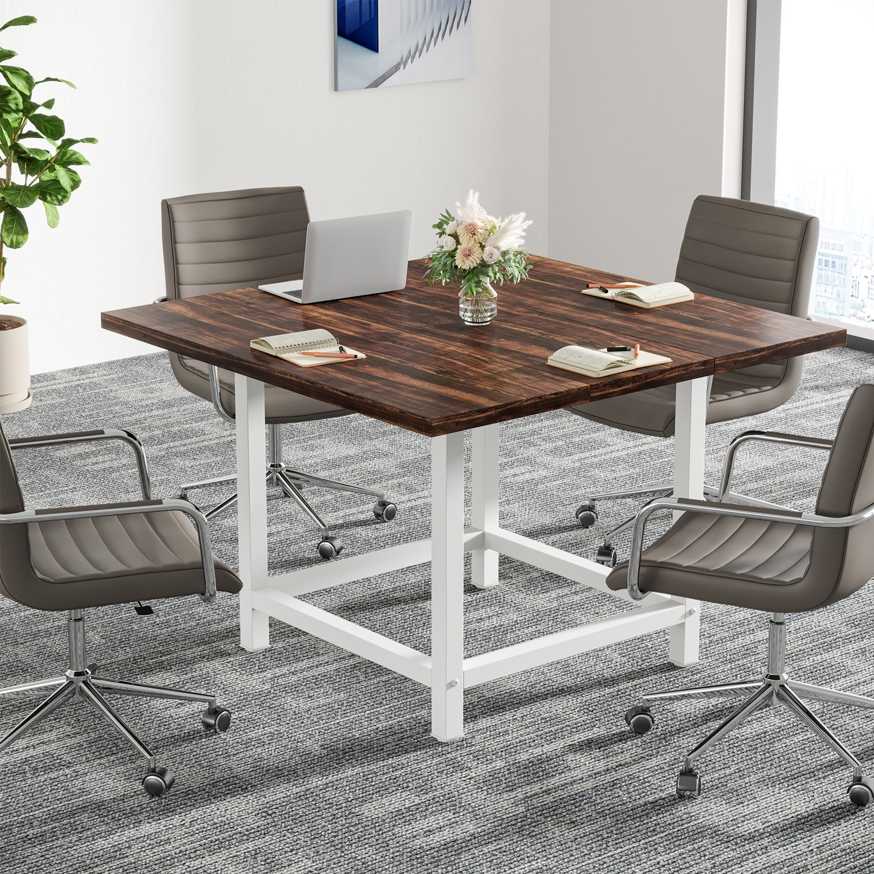 Small Conference Room Table for 4 People, Square 40- Inches Wood Desk for Home Office - 39-inch D