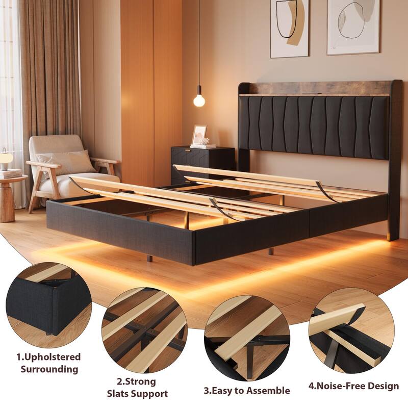 Full/Queen/King Floating Bed Frame with LED Lights & Charging Station, Upholstered Platform Bed with Storage Headboard