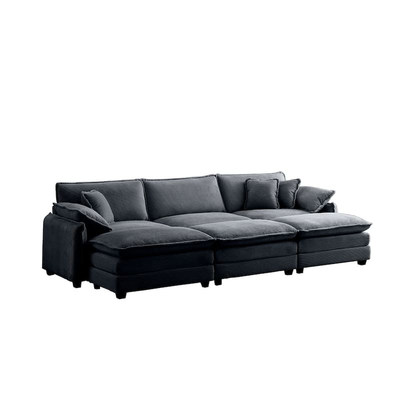 Grey 6-piece Corduroy Modular Sleeper Sectional Sofa with 3 Ottomans