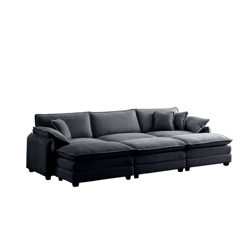 Grey 6-piece Corduroy Upholstered Modular Sleeper Sectional Sofa with 3 Removable Ottoman and 5 Pillows, Free Combination