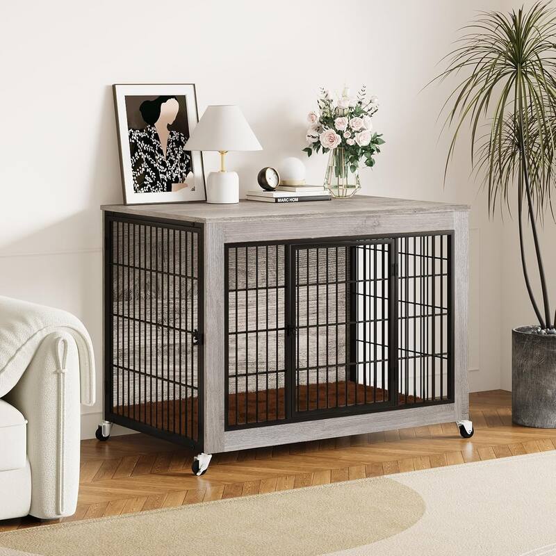 BOSSIN Dog Crate Furniture with Cushion, 32 Inch Double Doors Wooden Dog House Side End Table with Wheels for Small Medium Dogs